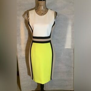 Calvin Klein, White, Chartreuse, Tan & Black color block shift dress Sz 10